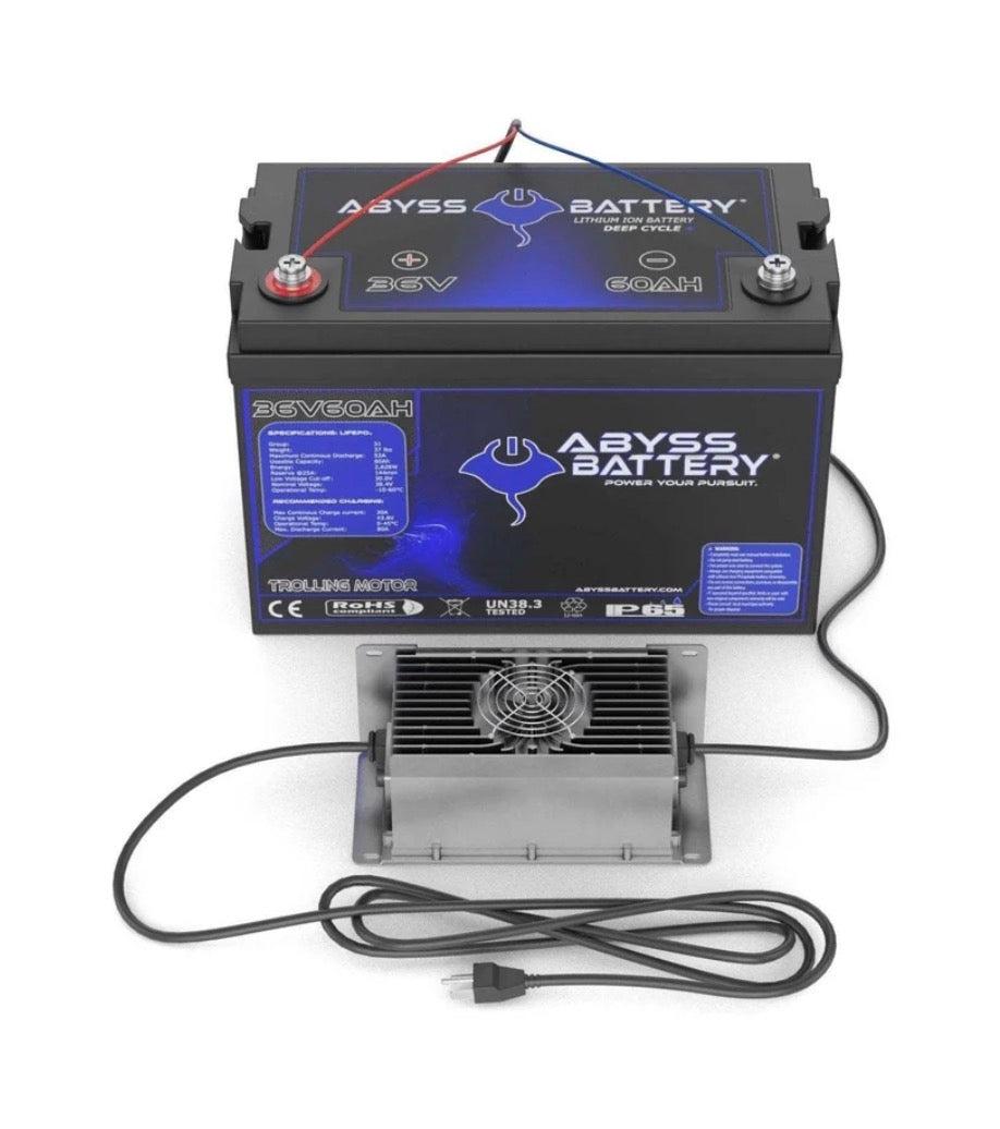 ABYSS 36V 60Ah lithium trolling motor battery kit with 10A onboard charger replaces 3x 12V lead-acid