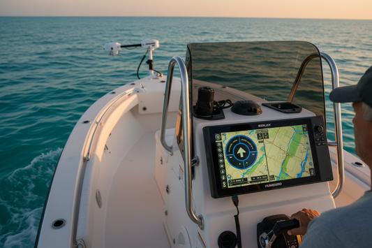 Minn Kota trolling motor and Humminbird fish finder connected via One-Boat Network Ethernet cable on a fishing boat